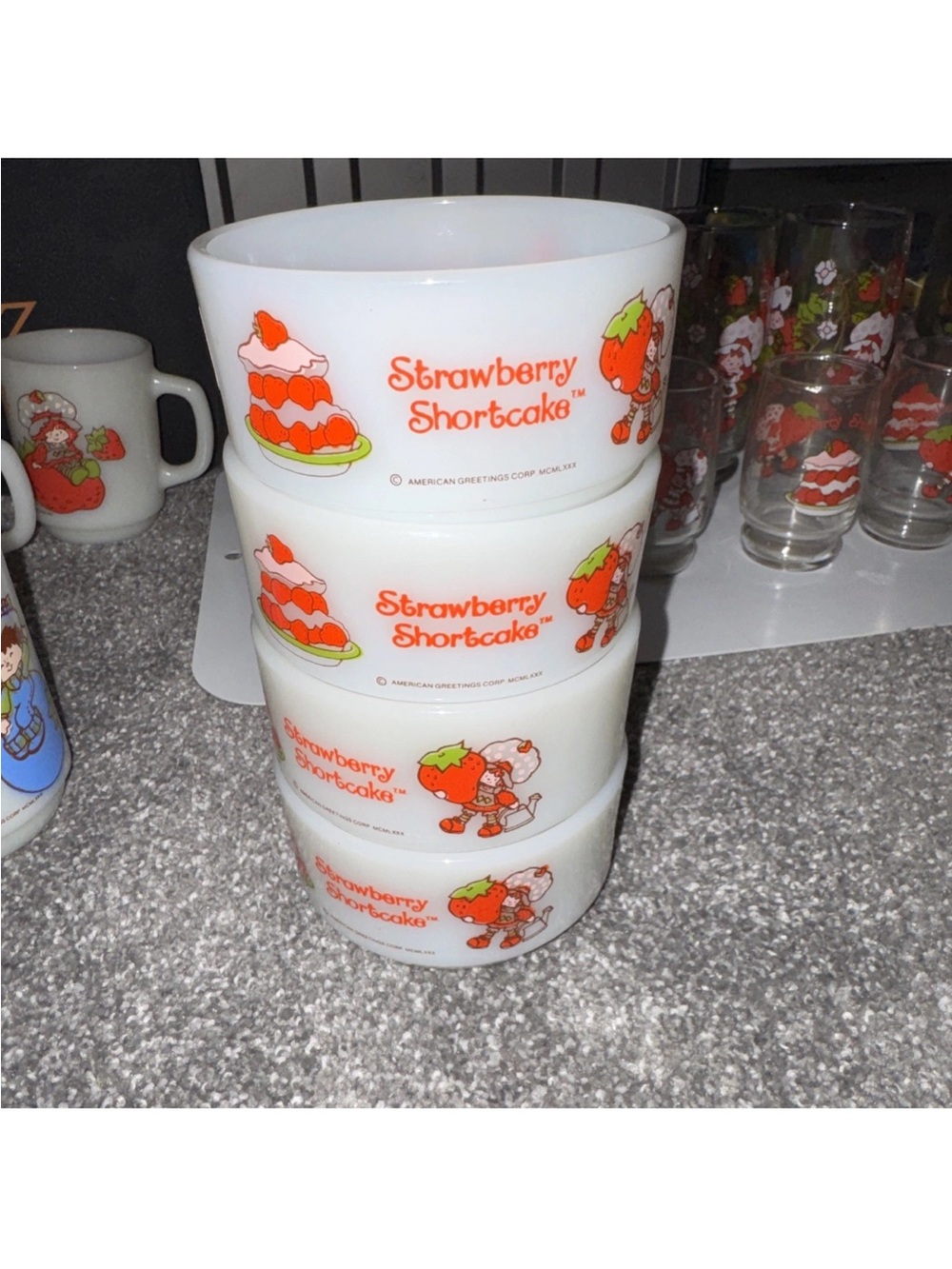 Strawberry Shortcake Milk Glass Dessert Bowls - White with Red Accents